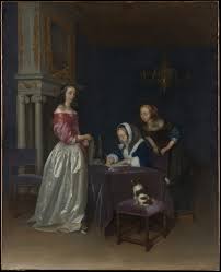 In this painting women of different ages occupy a luxurious interior: the eldest writes a letter while the youngest peers over her shoulder. A third woman—dressed in the radiant satin often associated with Ter Borch—appears pensive or lovelorn. Most likely, her older friend is helping her to draft a response to a love letter. (Alt text from The Met)